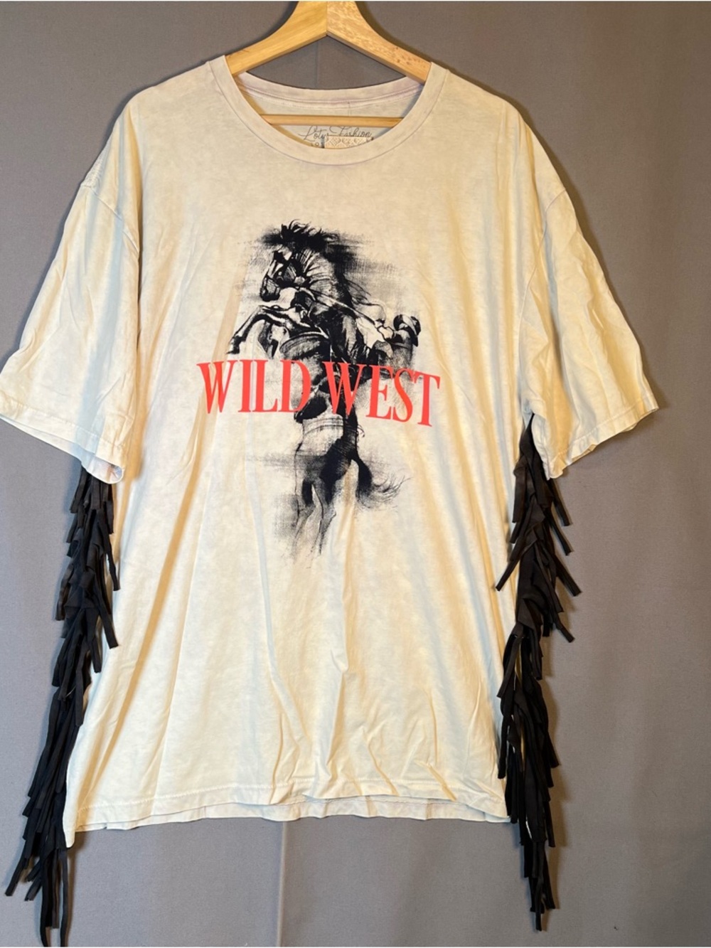 Wild West Graphic Fringe T-Shirt Dress  - Cream with Black & Red Print